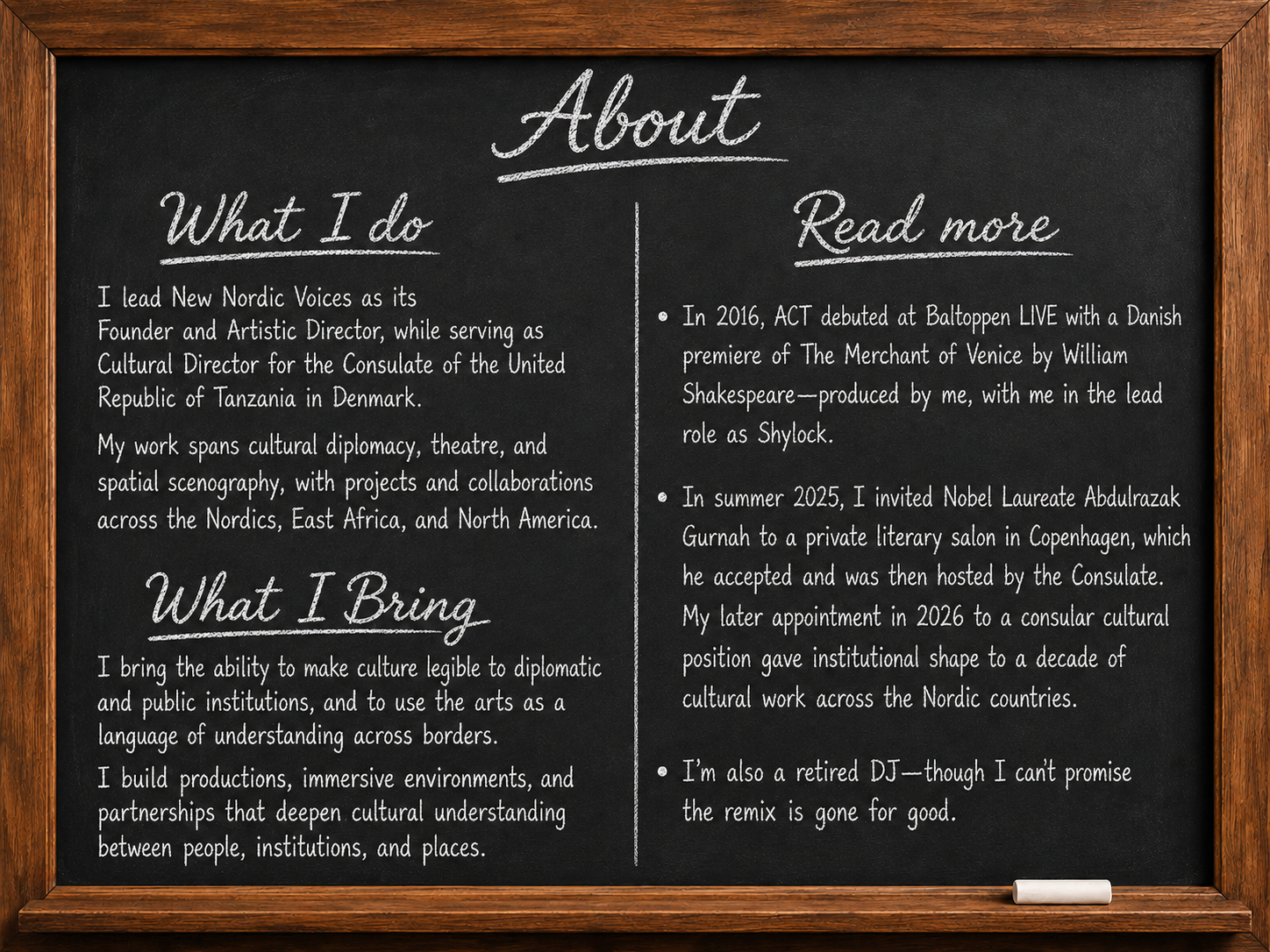 About chalkboard with handwritten sections: What I do, What I Bring, and Read more.