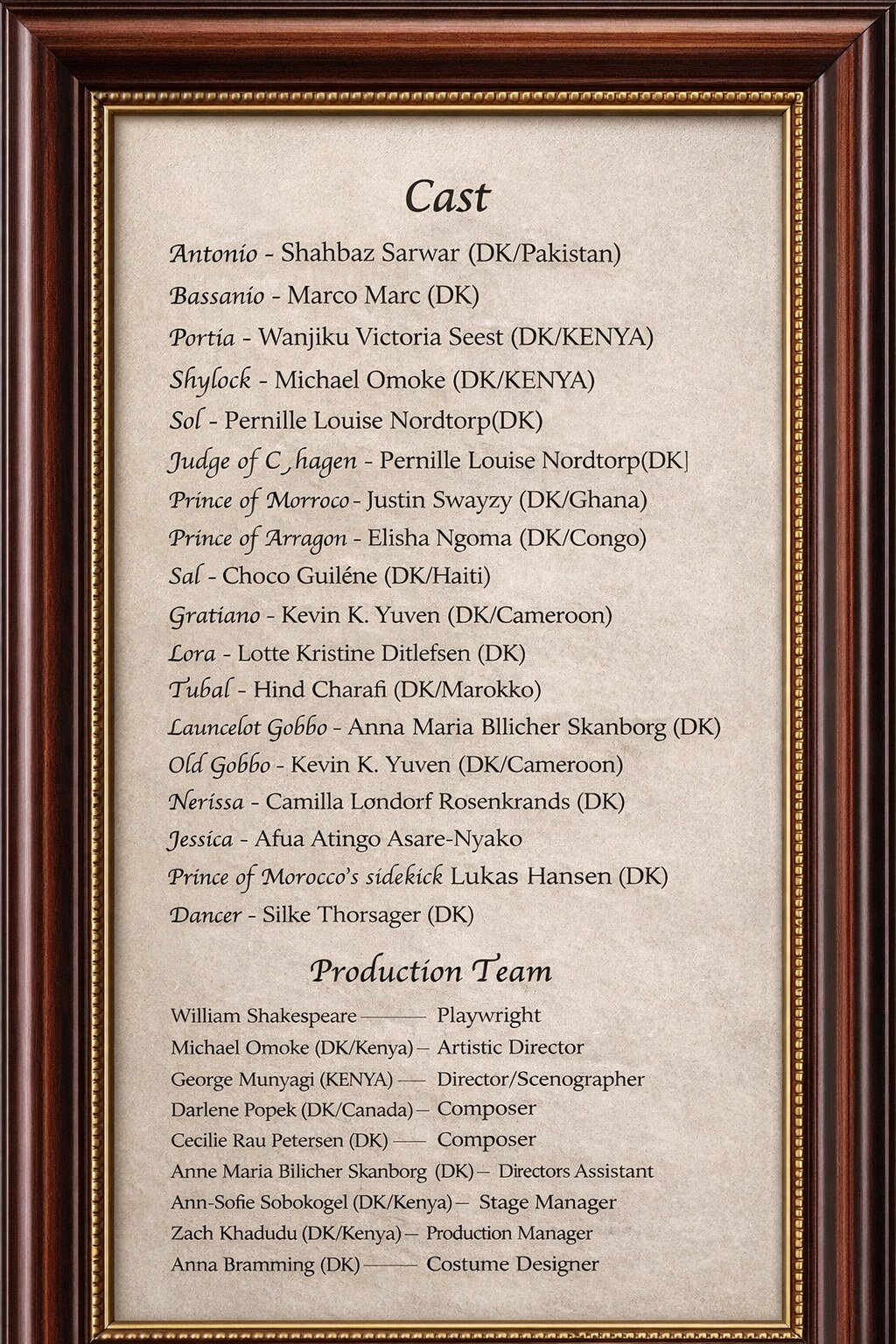 The Merchant of Venice — cast & production team (program extract)