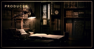 A dimly lit writer's desk with books, papers, and a lamp.