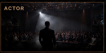A lone actor seen from behind on a dark stage before an audience.