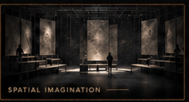 A dark scenographic installation space with illuminated panels.