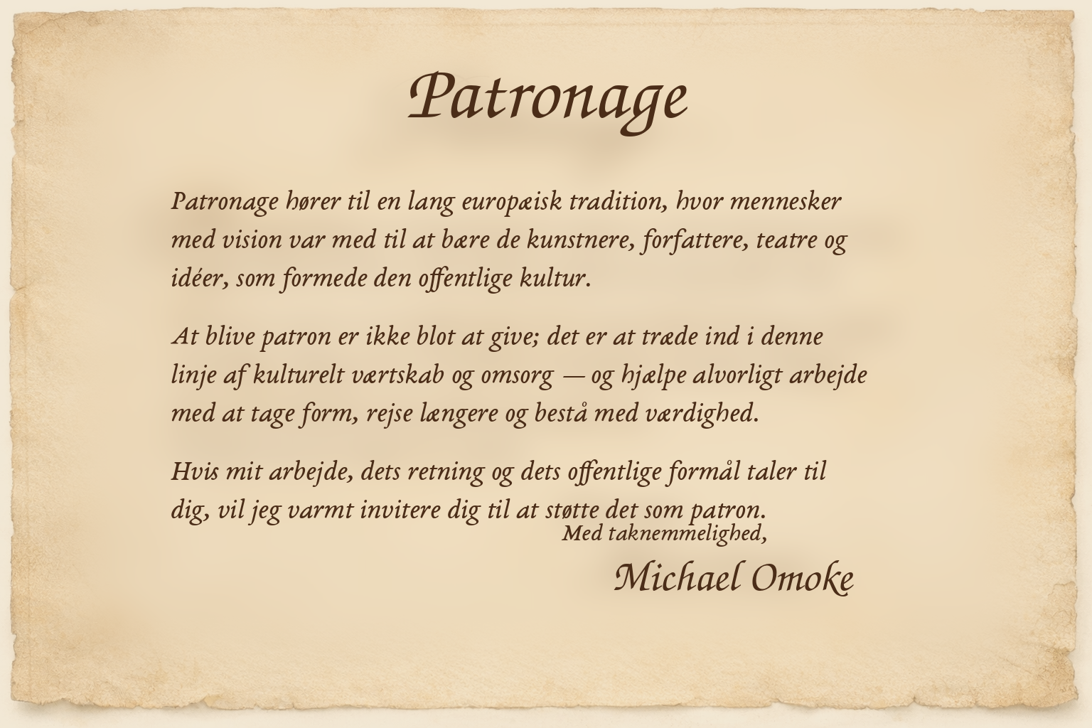Patronage-note fra Michael Omoke med en invitation til støtte gennem kulturelt værtskab.