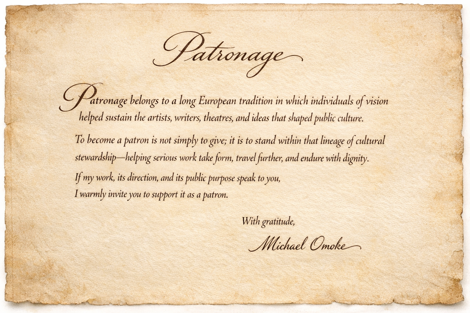 Patronage note from Michael Omoke inviting support through cultural stewardship.