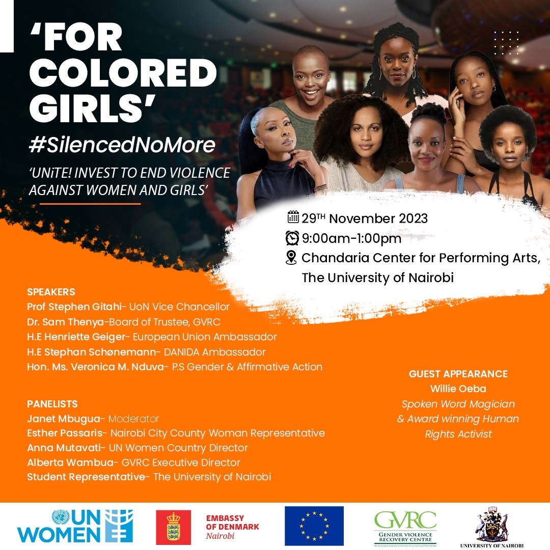Programplakat for For Colored Girls under Silenced No More på Chandaria Center for Performing Arts, University of Nairobi, med ensemble, arrangementsoplysninger, talere, paneldeltagere, gæsteoptræden og partnerlogoer.