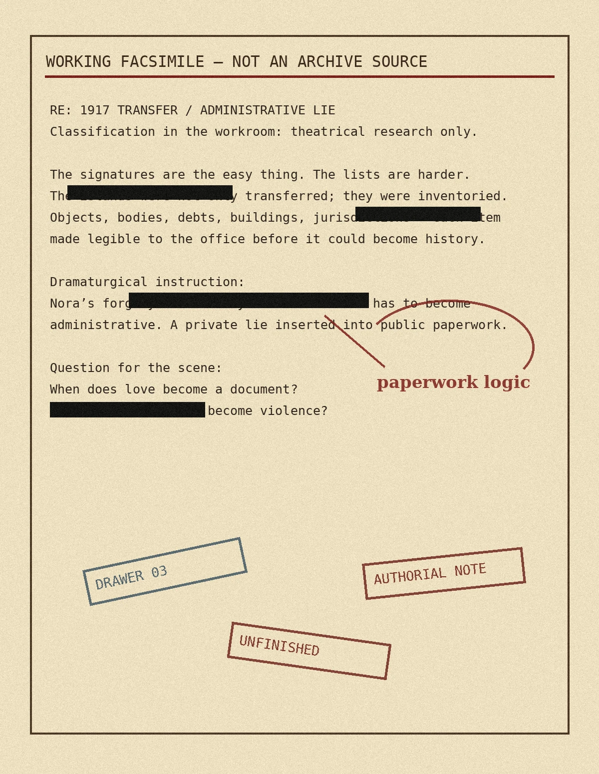 Working facsimile memo about 1917 transfer material and administrative lies