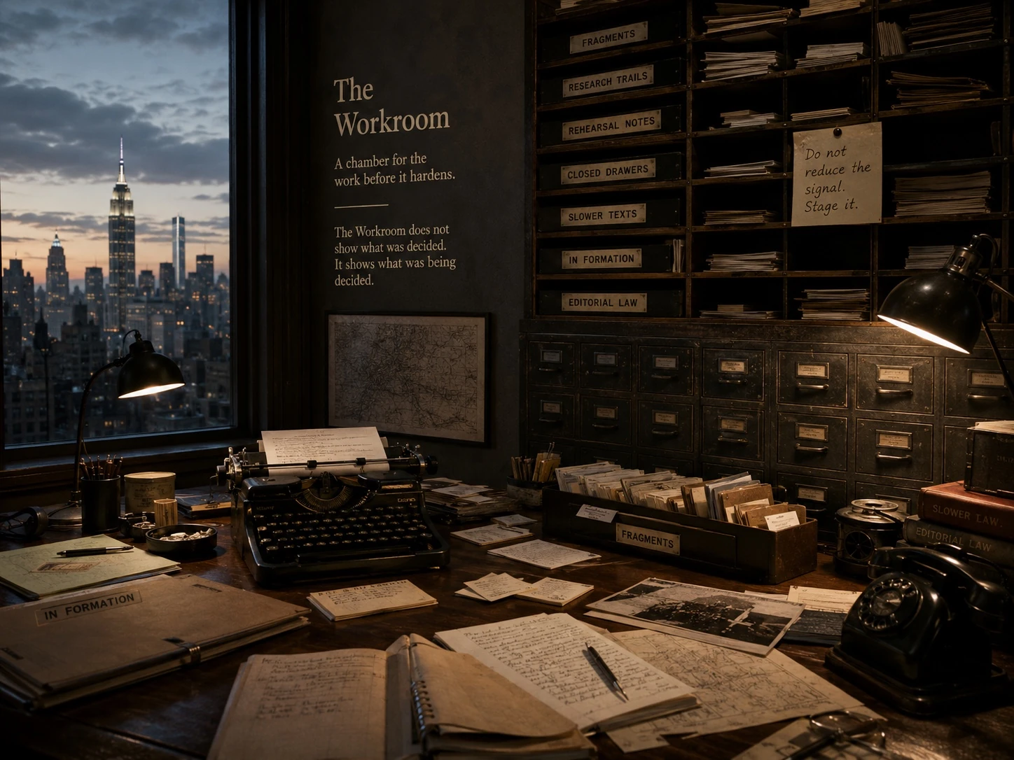 The Workroom: a moody room with a New York skyline window, pigeonholes, typewriter, papers, desk lamps, and an old black rotary phone