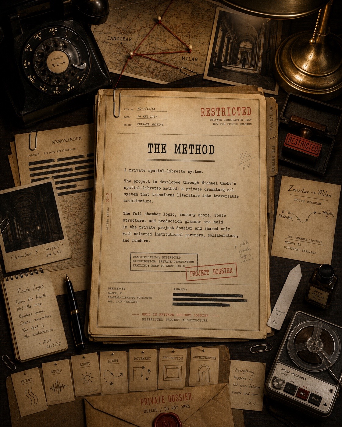 The Method evidence table: a restricted project dossier surrounded by a rotary phone, route maps, sensory tags, a recorder, a private dossier envelope, and archival workroom objects.